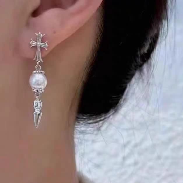 Chrome Hearts Silver Cross Pearl Drop Earrings